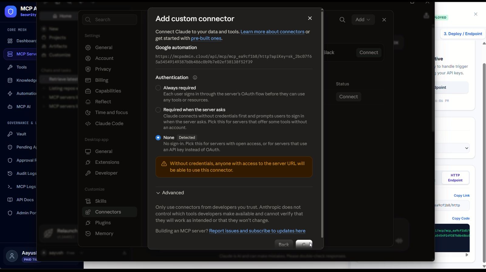 Connect to MCP ADMIN using API key as URL param